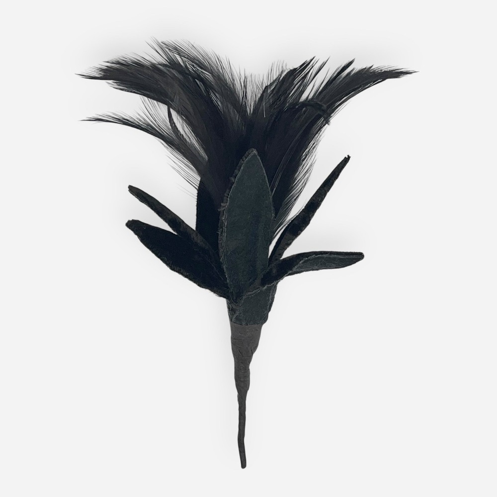 Vintage Black Velvet Feather Boutonniere Brooch Pin Flower Floral Bronze Stems - Picture 1 of 5